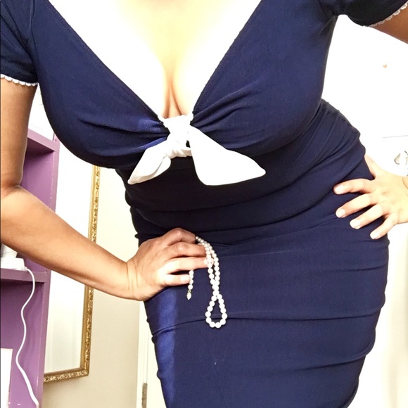 Sexy Pinup Girl Navy Blue Wiggle Dress (M) - Picture 2 of 7